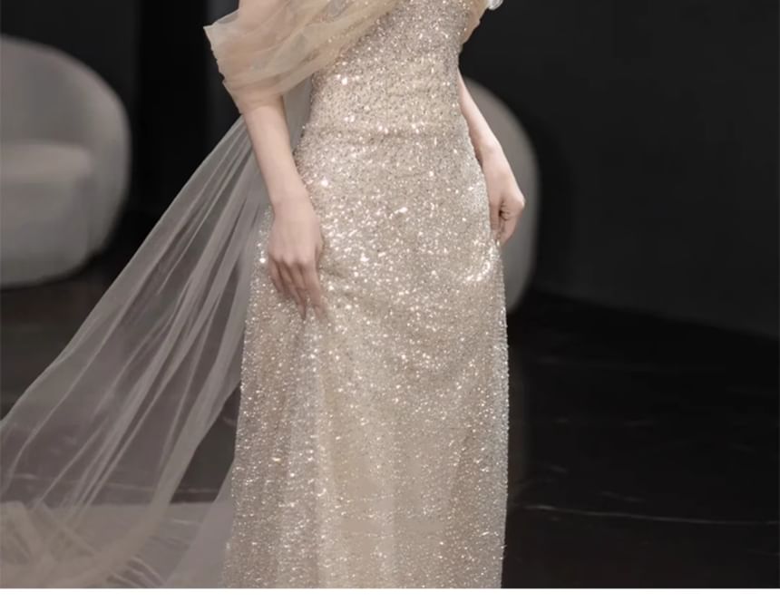 Panel Shoulder Sheer Gown Sequin Off Sheath Evening