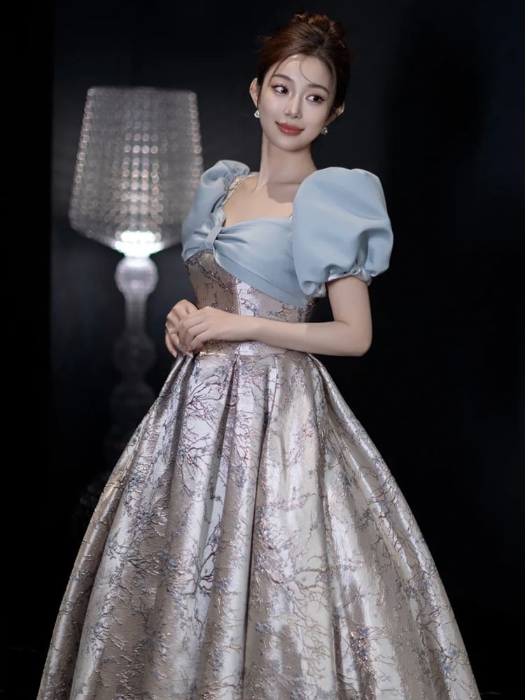 V-Neck Puff Gown Evening Sleeve A-Line Floral