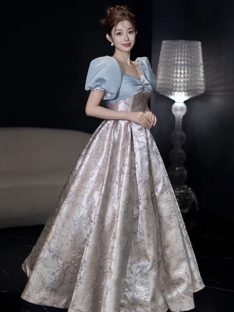 V-Neck Puff Gown Evening Sleeve A-Line Floral