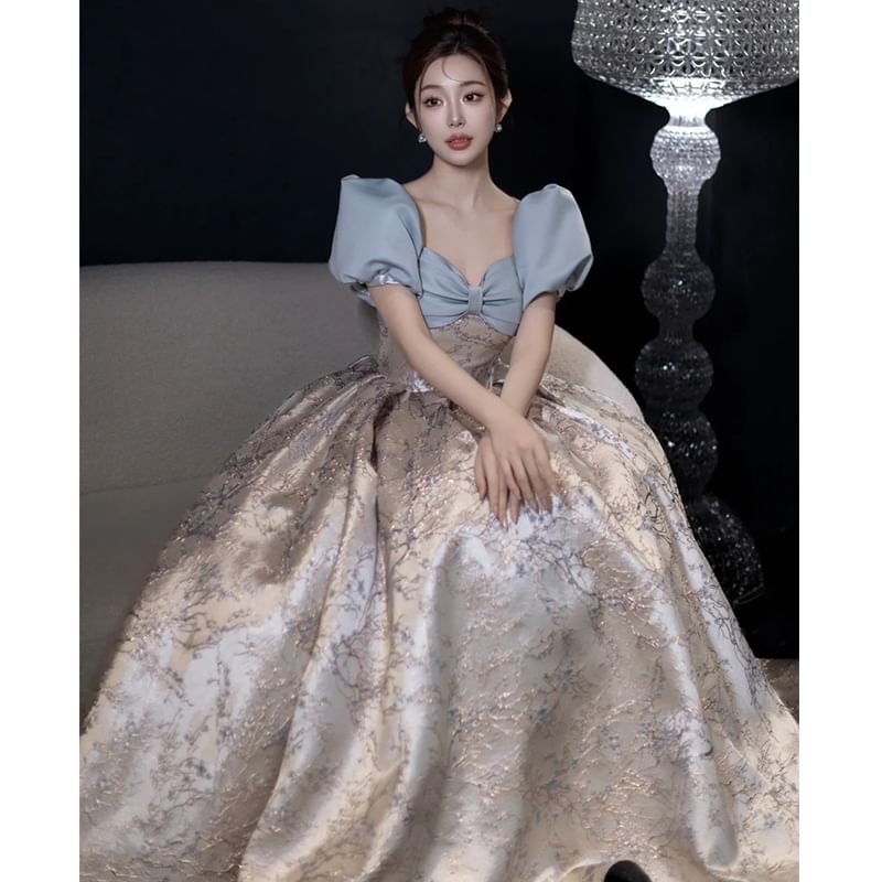 V-Neck Puff Gown Evening Sleeve A-Line Floral