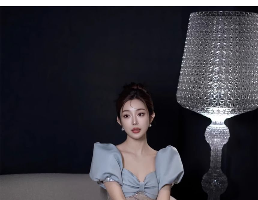 V-Neck Puff Gown Evening Sleeve A-Line Floral