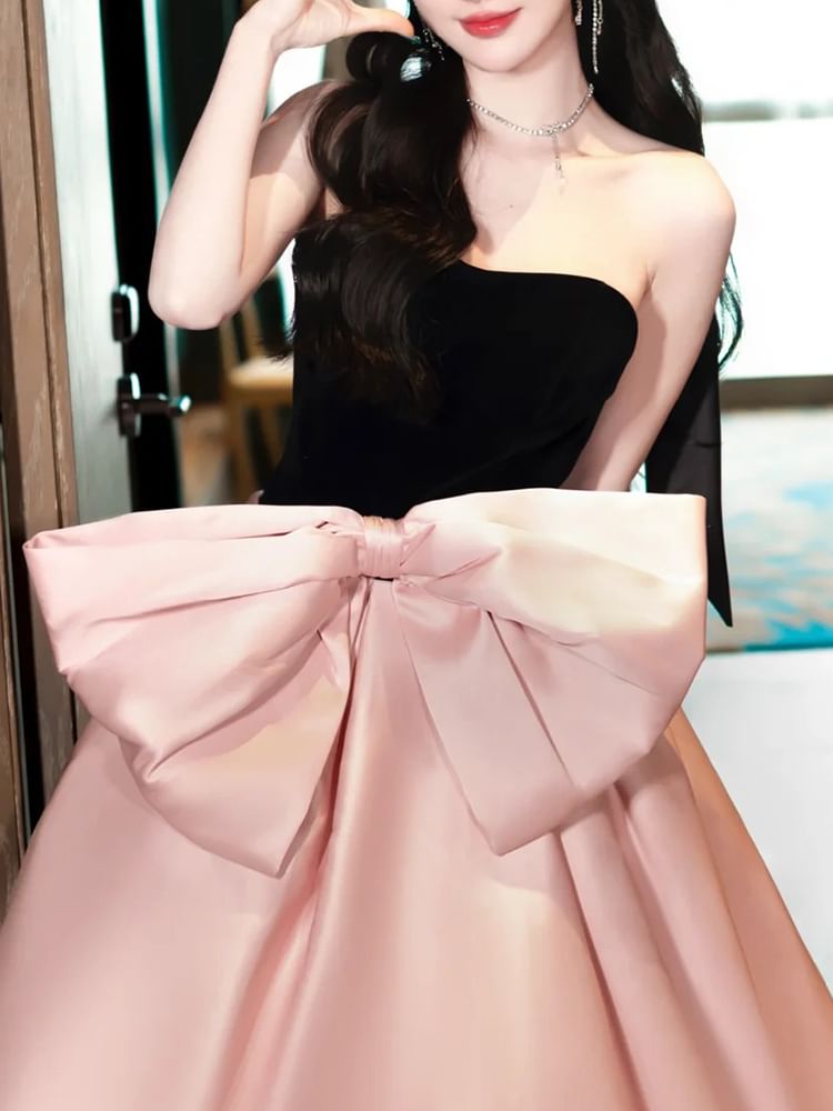 Gown Bowknot A-Line Two Tone Strapless Evening