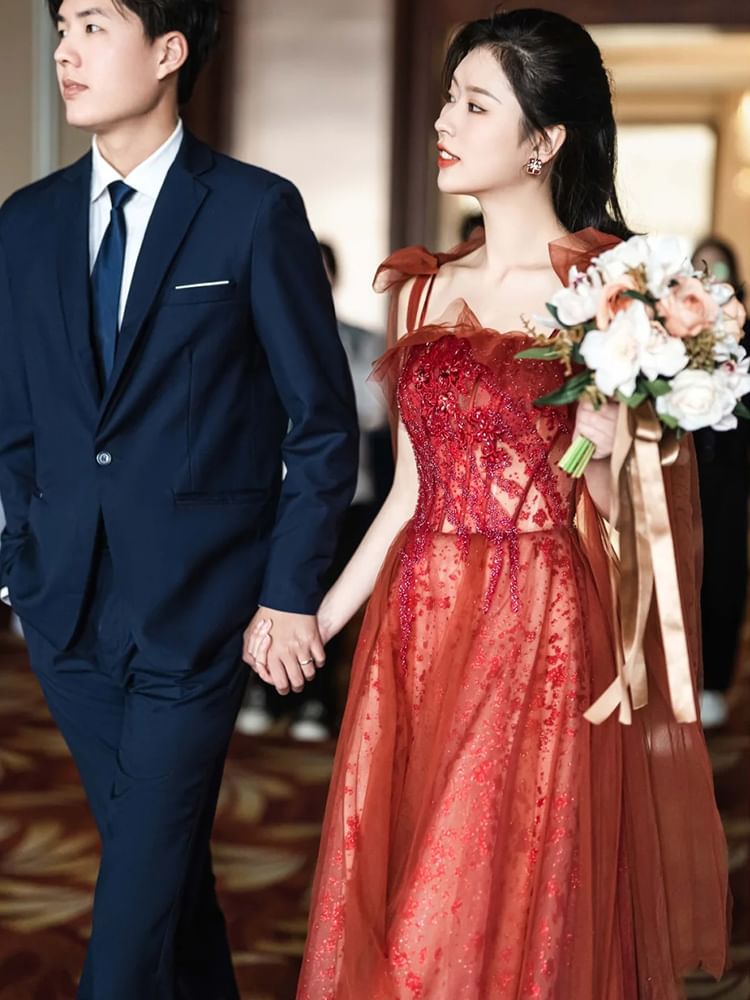 Sequin Spaghetti Embroidered Gown Strap Evening A-Line