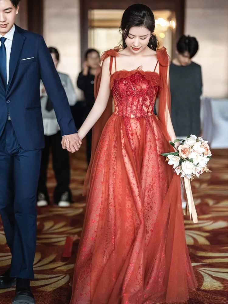 Sequin Spaghetti Embroidered Gown Strap Evening A-Line