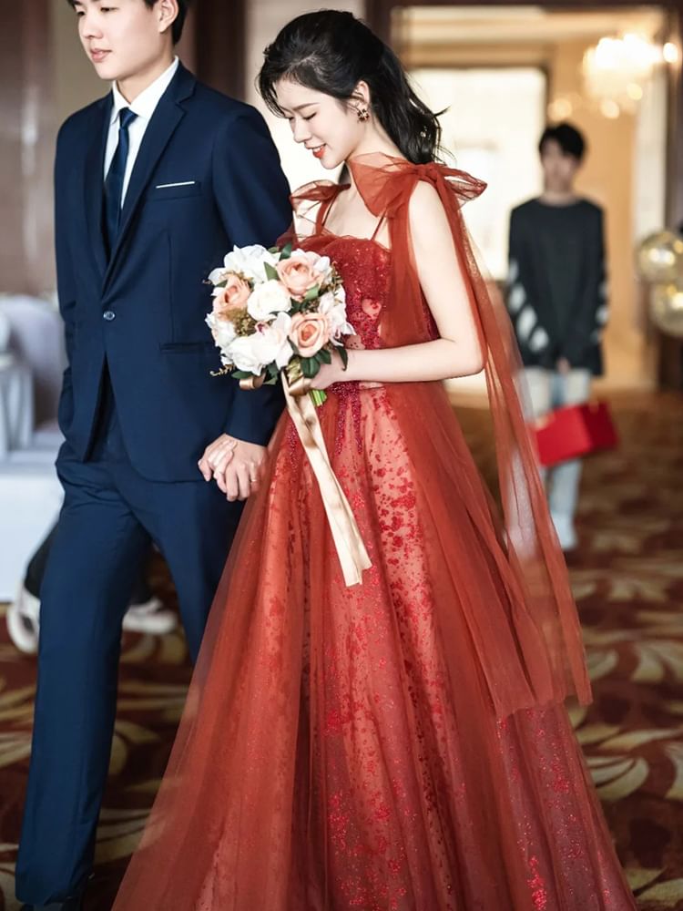 Sequin Spaghetti Embroidered Gown Strap Evening A-Line