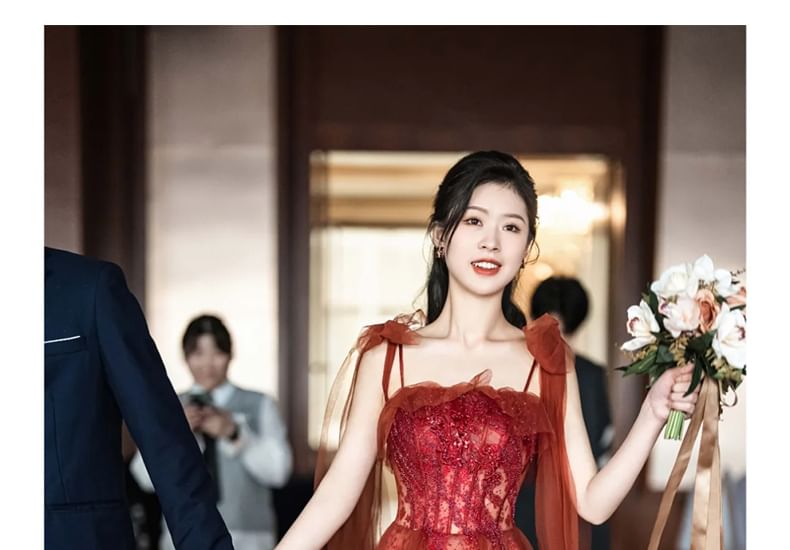 Sequin Spaghetti Embroidered Gown Strap Evening A-Line