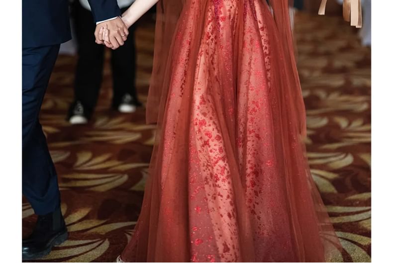 Sequin Spaghetti Embroidered Gown Strap Evening A-Line