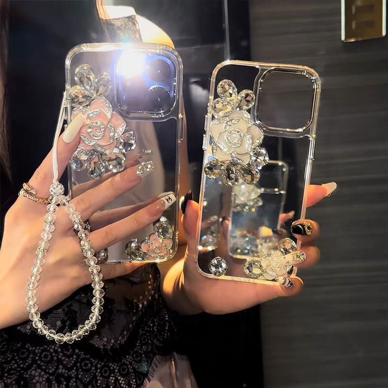 Strap Mirrored Case Floral Phone