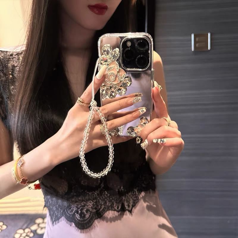 Strap Mirrored Case Floral Phone
