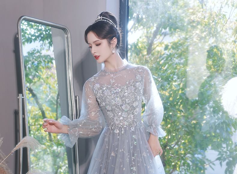 Evening Sequin Embroidered Puff-Sleeve A-Line Flower Gown