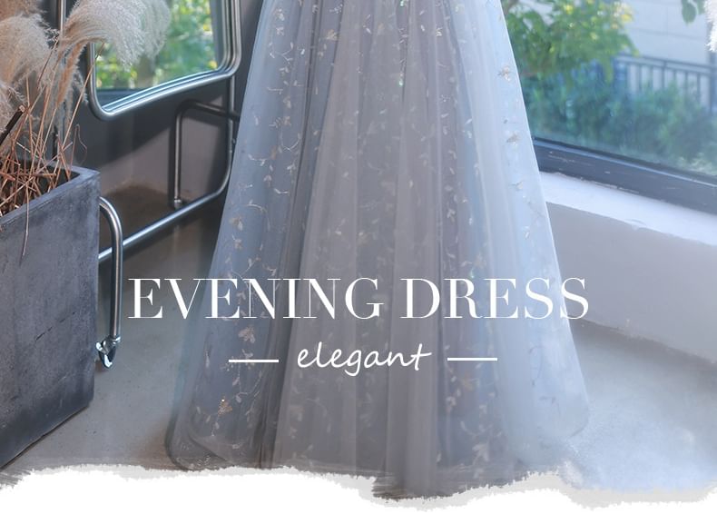 Evening Sequin Embroidered Puff-Sleeve A-Line Flower Gown