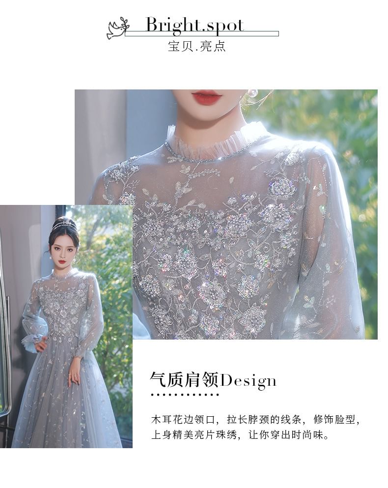 Evening Sequin Embroidered Puff-Sleeve A-Line Flower Gown