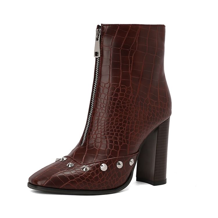 Boots Pointed Heel Denim Short Toe Studded Chunky