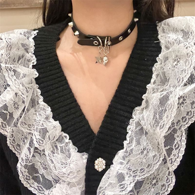 Leather Studded Choker Faux