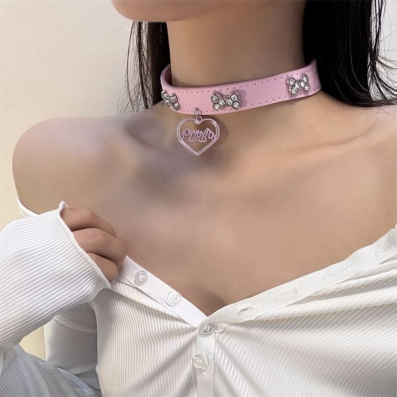 Leather Heart Choker Faux Rhinestone