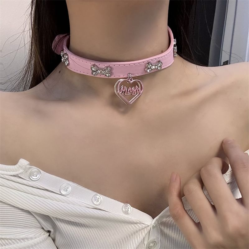 Leather Heart Choker Faux Rhinestone