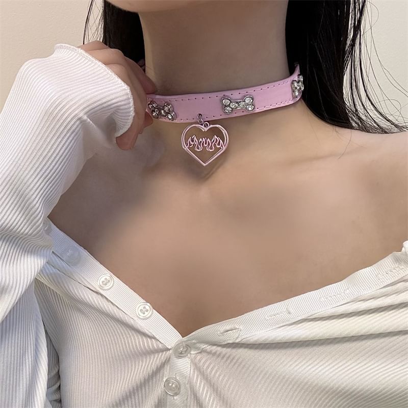 Leather Heart Choker Faux Rhinestone
