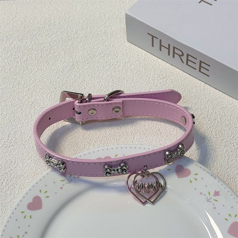 Leather Heart Choker Faux Rhinestone
