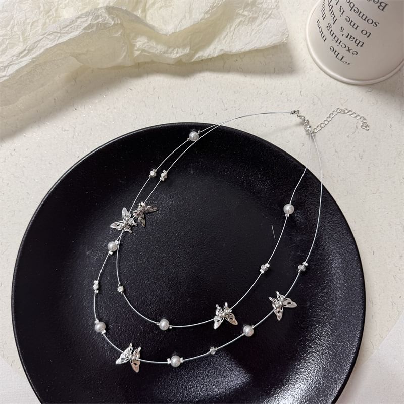Faux Necklace Butterfly Pearl Layered