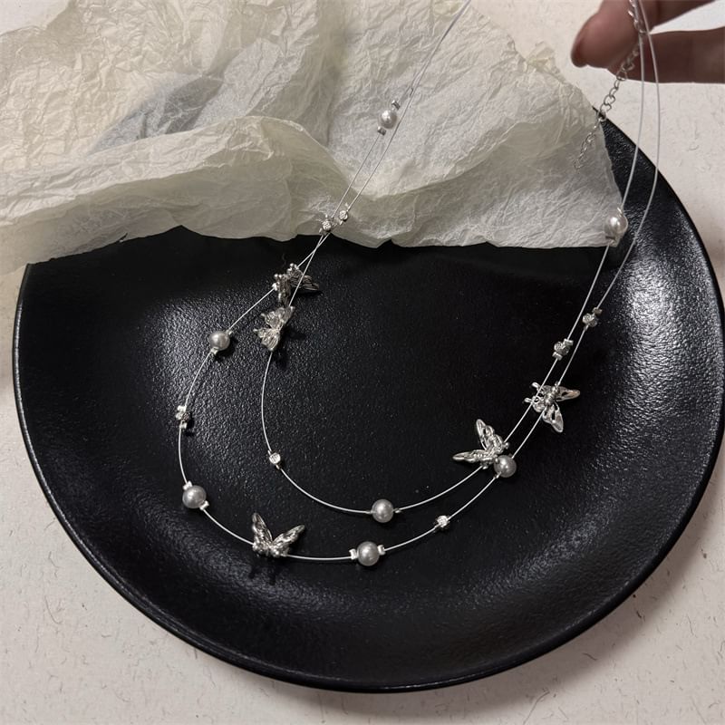 Faux Necklace Butterfly Pearl Layered