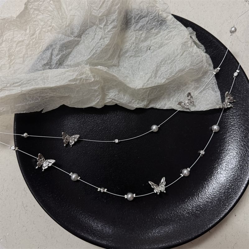 Faux Necklace Butterfly Pearl Layered