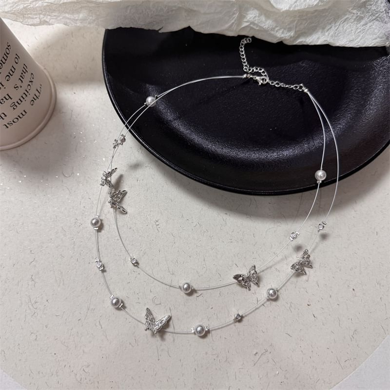 Faux Necklace Butterfly Pearl Layered