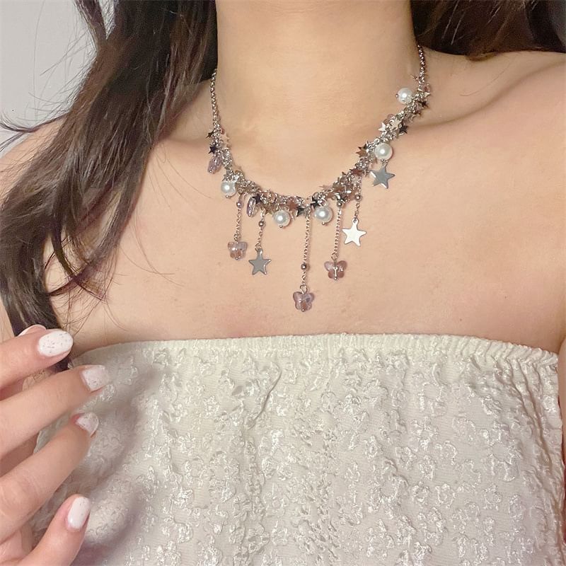 Beaded Necklace Star Pearl Faux