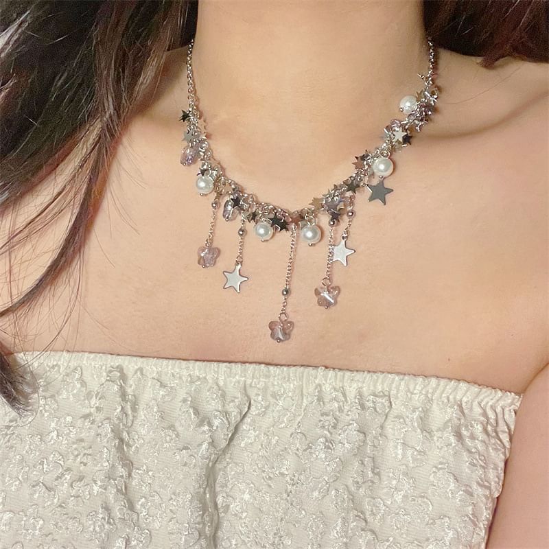 Beaded Necklace Star Pearl Faux