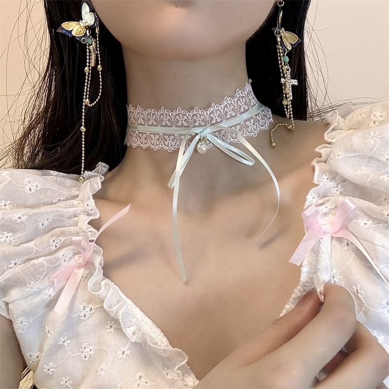 Butterfly Earring Cross / Drop Bow Lace Choker