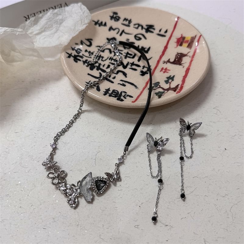 Rhinestone Earring Drop / Butterfly Necklace