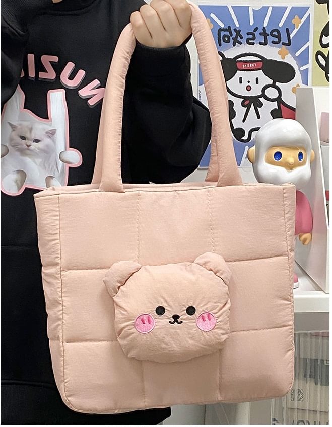 Applique Quilted Nylon Tote Bag Bear