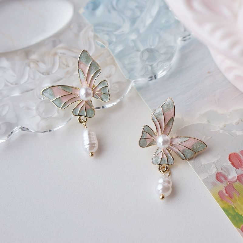 Drop Clip Enamel Earring Butterfly Pearl / On Faux