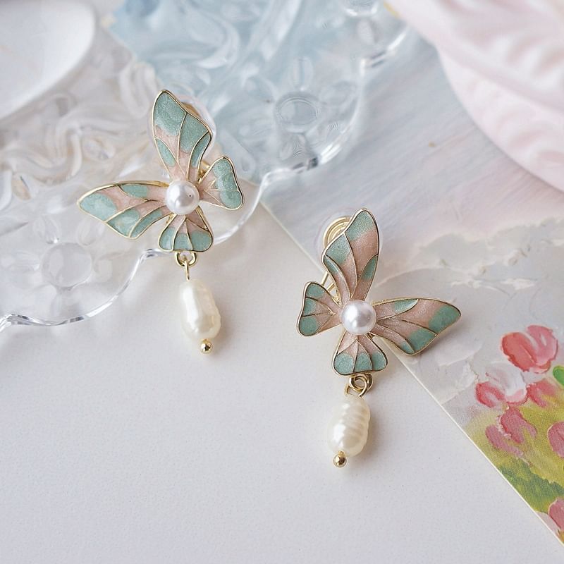 Drop Clip Enamel Earring Butterfly Pearl / On Faux