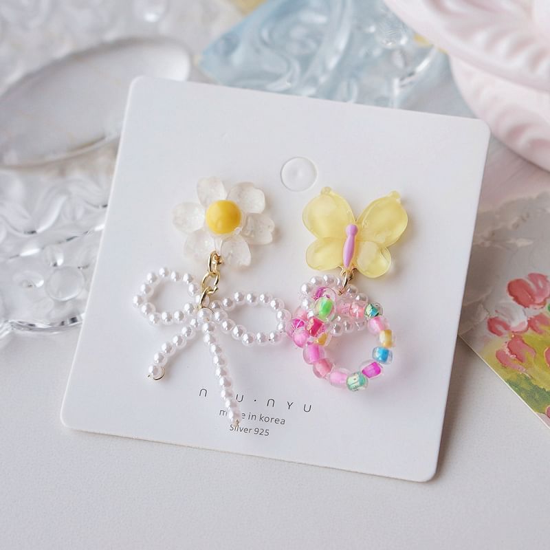 Drop On Clip / Beaded Asymmetrical Flower Earring