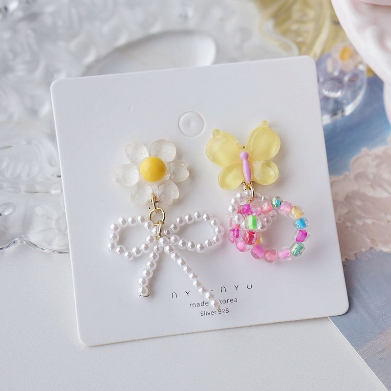 Drop On Clip / Beaded Asymmetrical Flower Earring