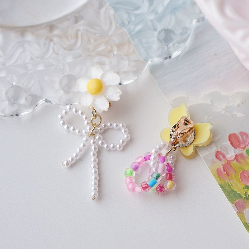 Drop On Clip / Beaded Asymmetrical Flower Earring