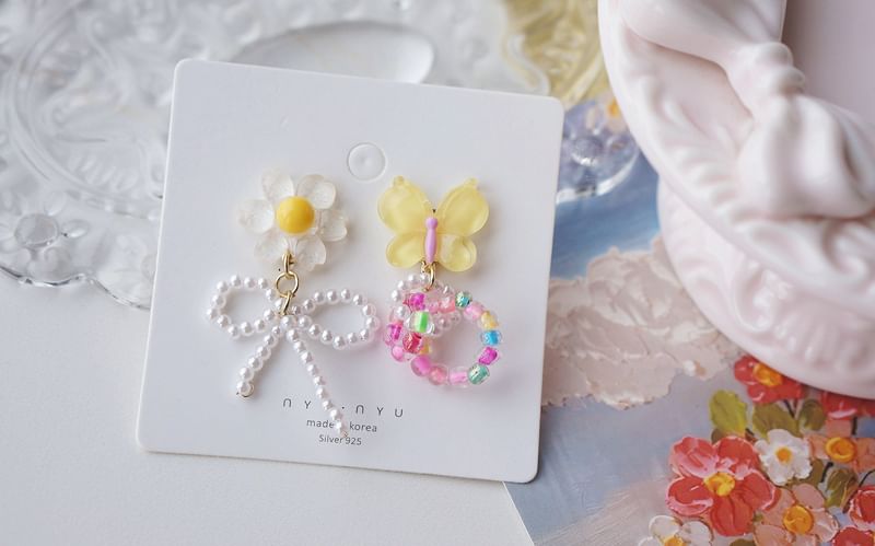 Drop On Clip / Beaded Asymmetrical Flower Earring