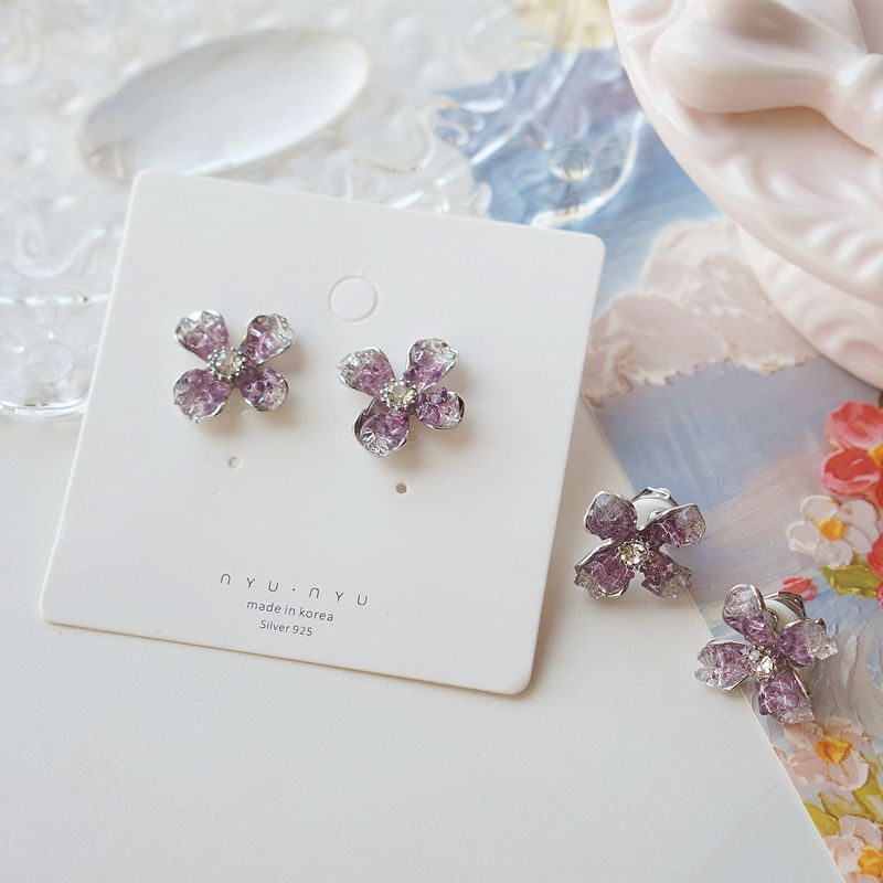 / On Earring Rhinestone Flower Stud Clip