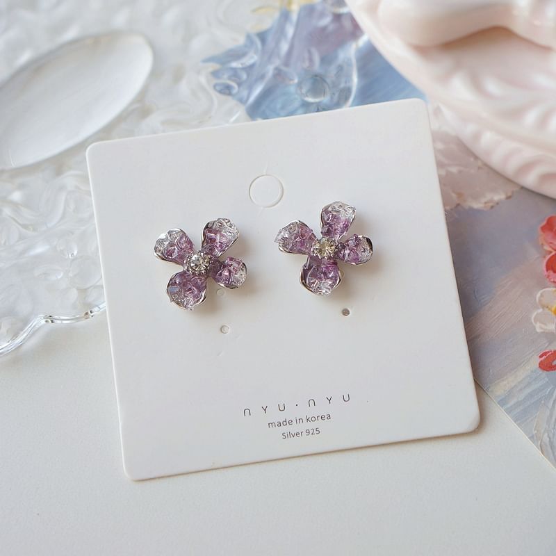 / On Earring Rhinestone Flower Stud Clip