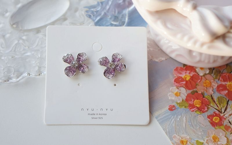 / On Earring Rhinestone Flower Stud Clip