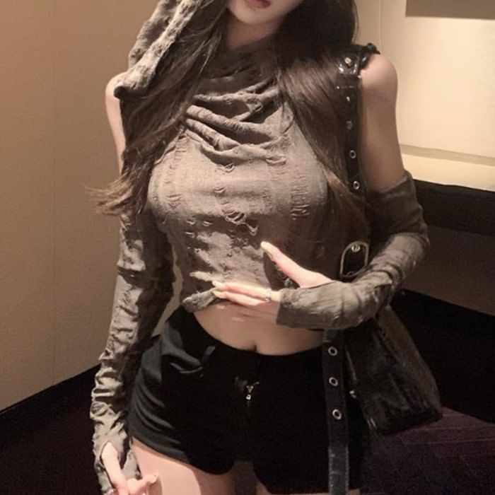 Distressed Gloves Long Plain Set: Tank Slim Neck + Cowl Hooded Crop Fit Top