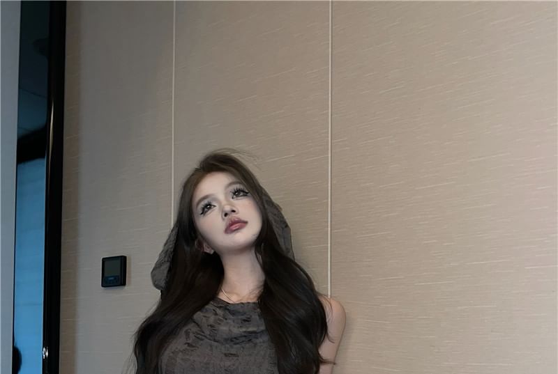 Distressed Gloves Long Plain Set: Tank Slim Neck + Cowl Hooded Crop Fit Top