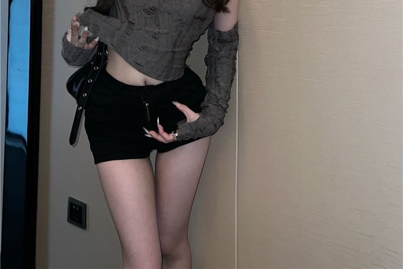 Distressed Gloves Long Plain Set: Tank Slim Neck + Cowl Hooded Crop Fit Top