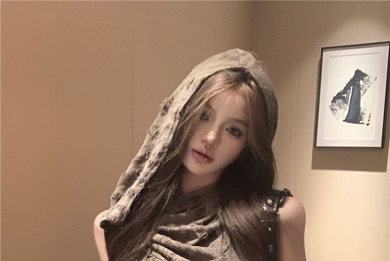 Distressed Gloves Long Plain Set: Tank Slim Neck + Cowl Hooded Crop Fit Top