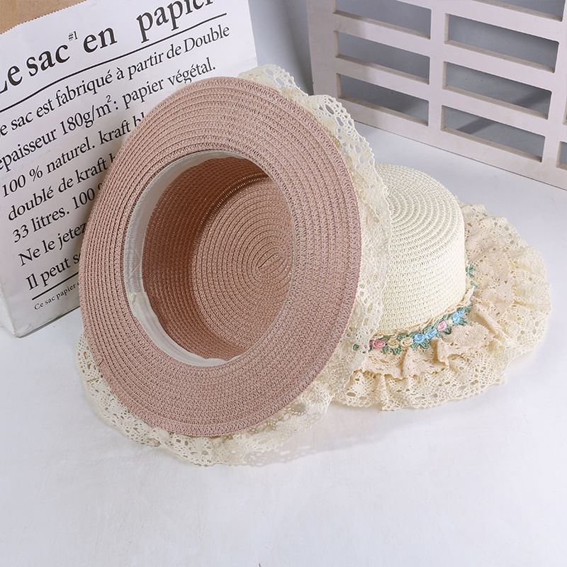 Trim Flower Lace Hat Embroidered Boater