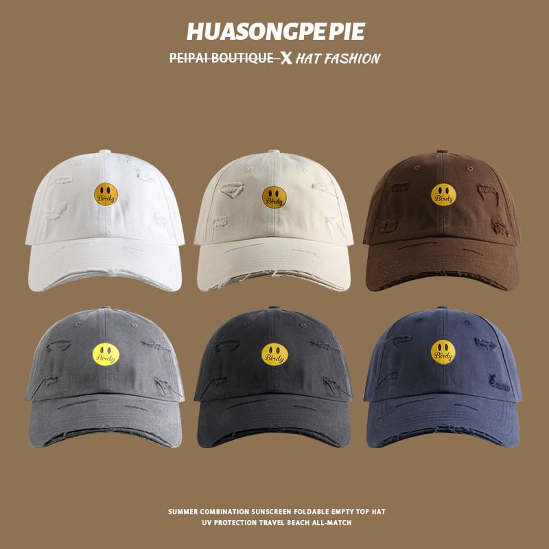 Print Face Baseball Cap Distressed Smiley