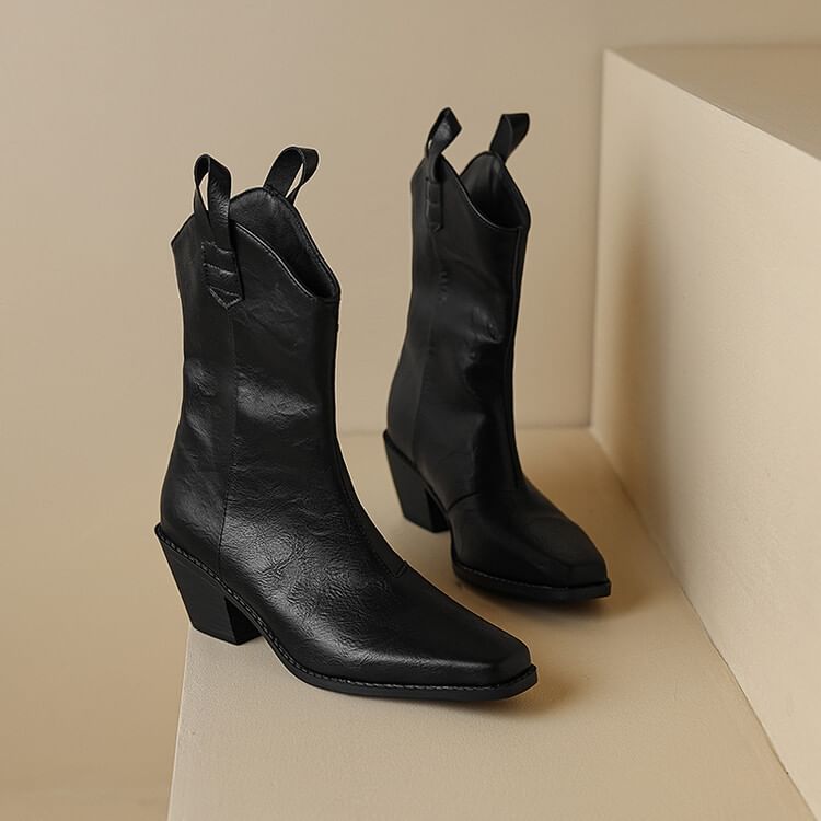 Chunky Mid-Calf Heel Boots