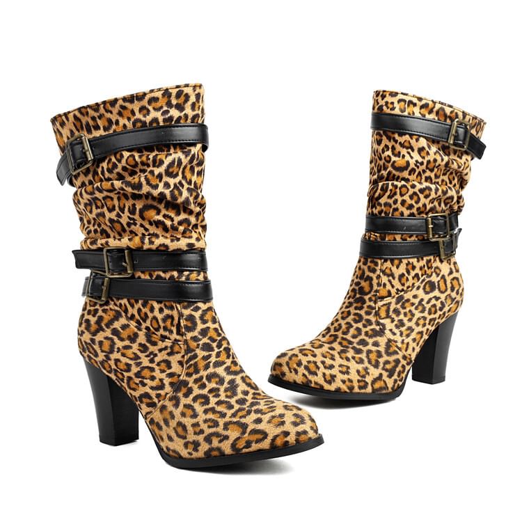Boots Mid-Calf Buckled Chunky Heel