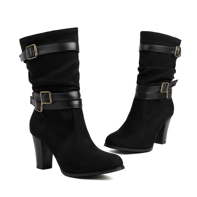 Boots Mid-Calf Buckled Chunky Heel