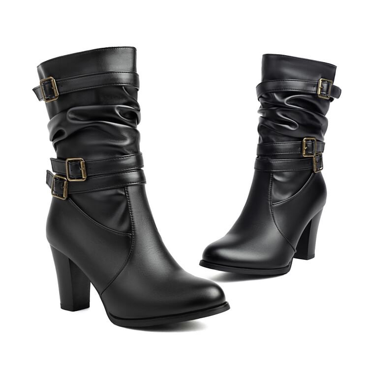 Boots Mid-Calf Buckled Chunky Heel